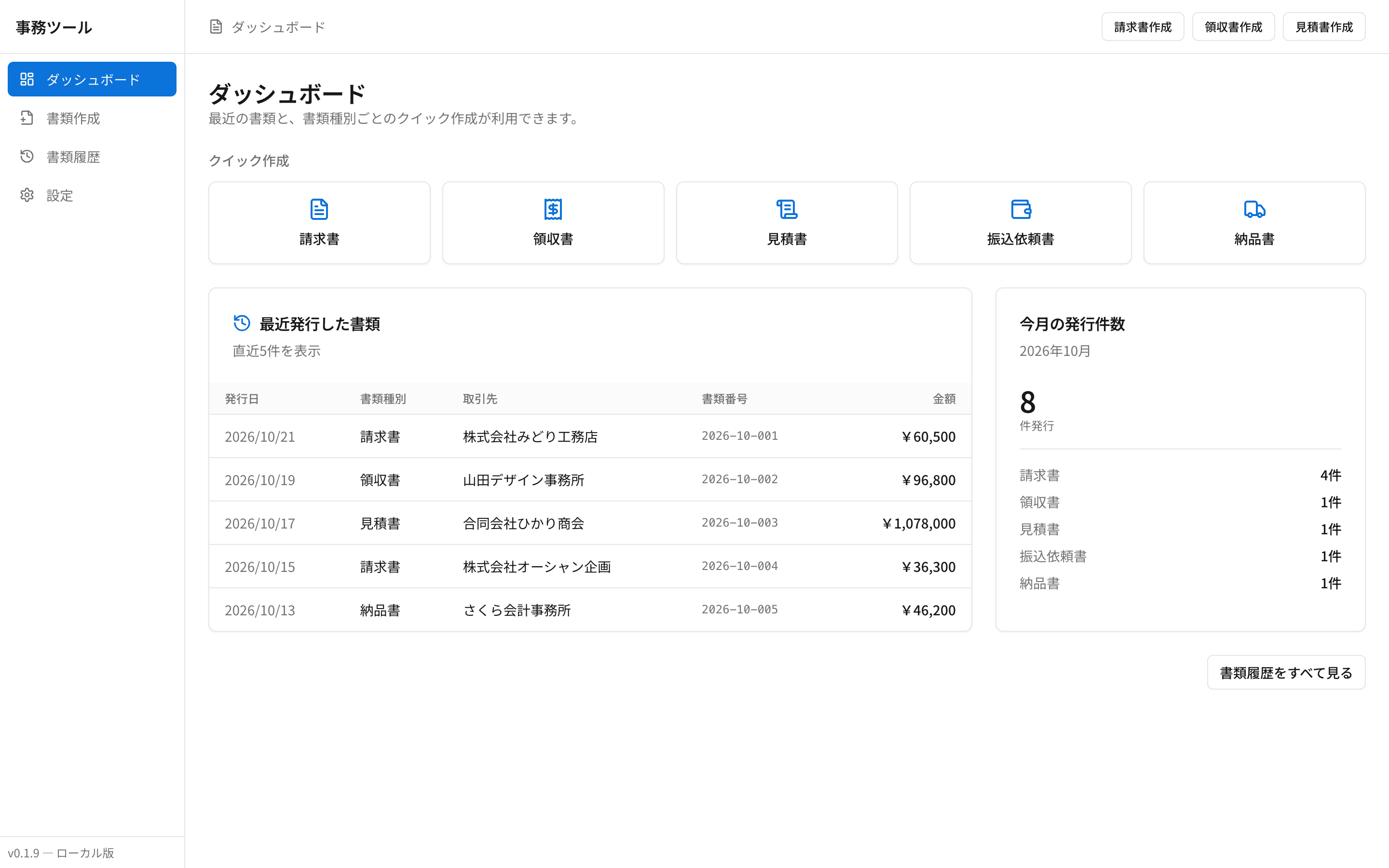 事務ツール ダッシュボード画面