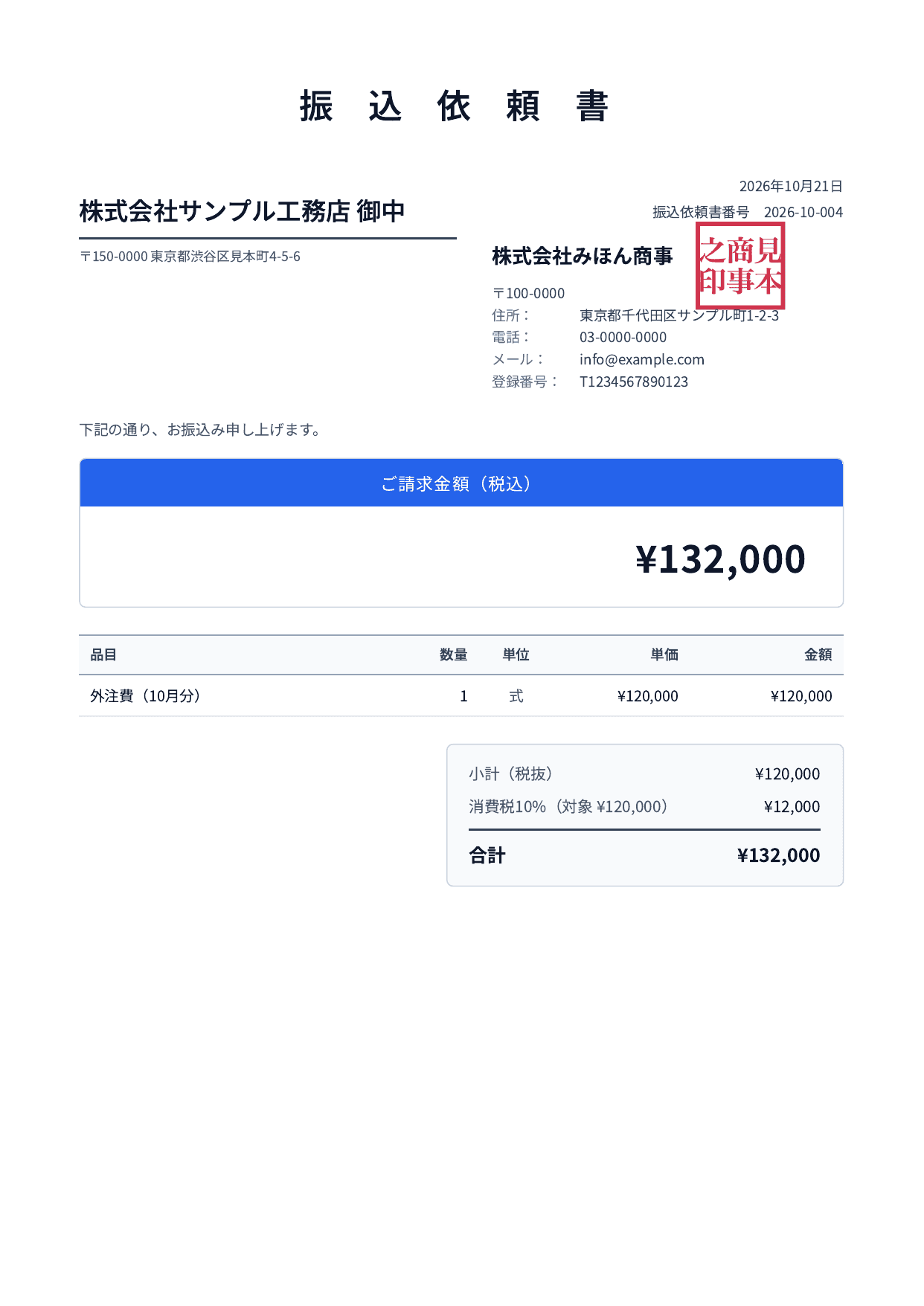 振込依頼書の見本